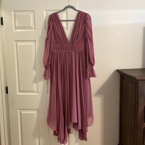 Shay Plunging V-Neck Long Smocked Cuff Sleeve Plunging V-Back Chiffon Midi Dress
